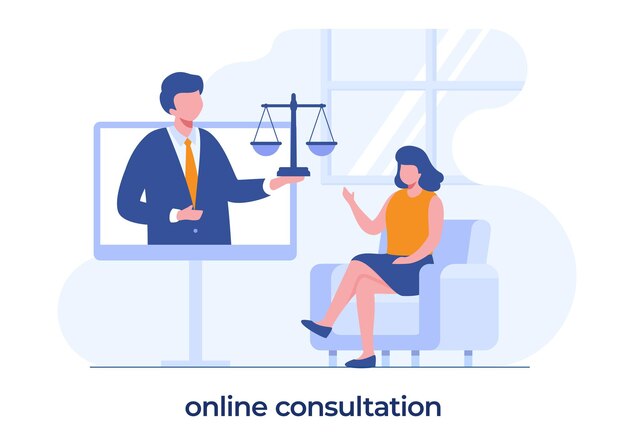 Online consultatie, advocatenkantoor en juridisch dienstenconcept, advocaatadviseur, vlakke afbeeldingsvector en achtergrond