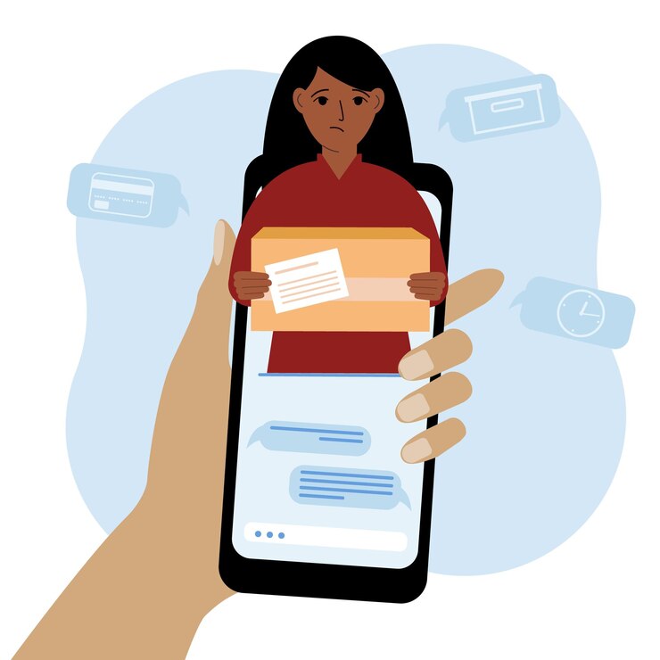 Vector online consultation on the delivery of goods mobile phone with correspondence with the delivery service delivery man with a box