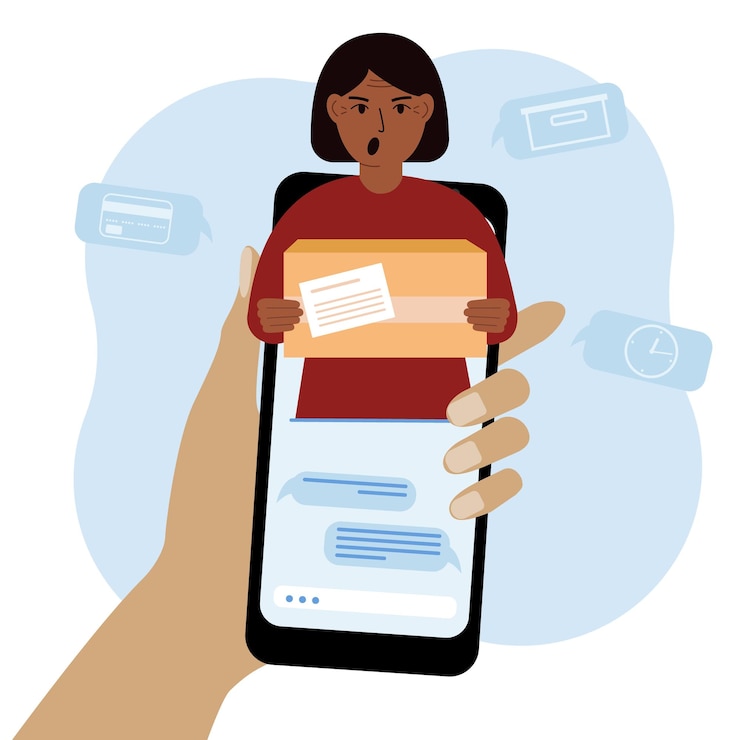 Vector online consultation on the delivery of goods mobile phone with correspondence with the delivery service delivery man with a box