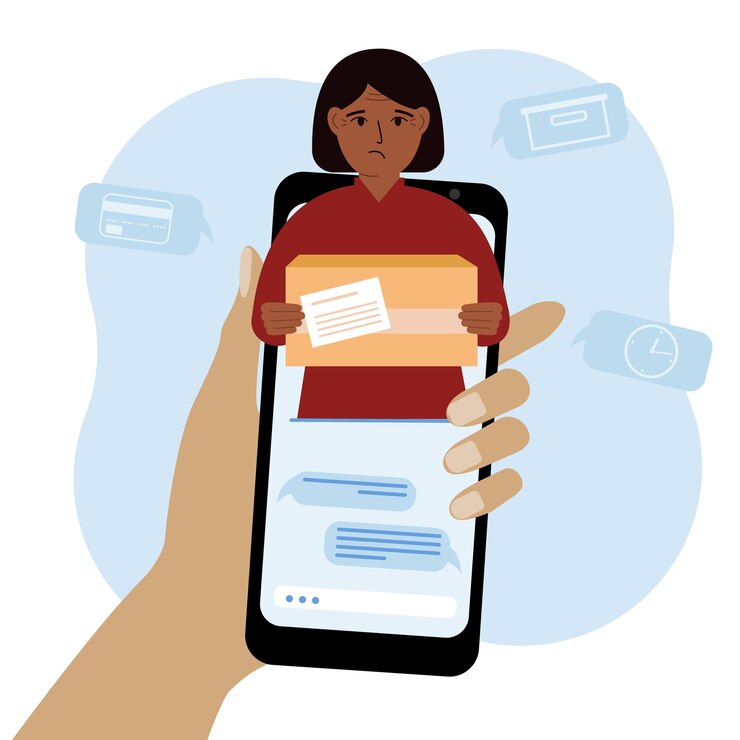 Vector online consultation on the delivery of goods mobile phone with correspondence with the delivery service delivery man with a box