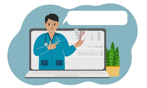 Vector online consultation or feedback concept laptop with a picture of a male pharmacist with medicines in his hand