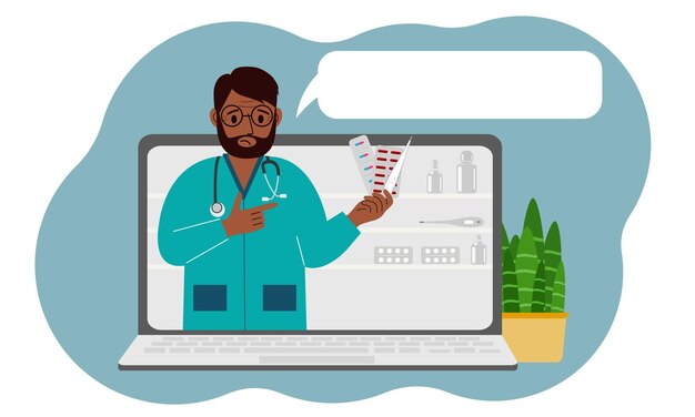 Vector online consultation or feedback concept laptop with a picture of a male pharmacist with medicines in his hand