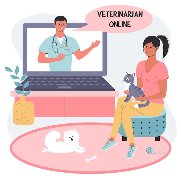 Consultazione online tramite laptop con il veterinario paziente femminile con un gatto e un cane spitz