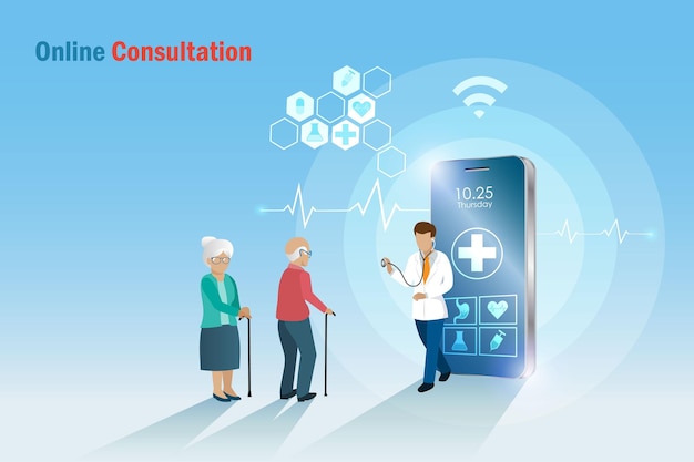 Online consultation virtual hospital Doctor on smartphone medical app diagnosis senior couple health