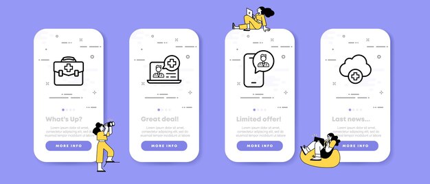 Vettore consultazione online con un medico set icona kit di pronto soccorso computer telefono servizio di supporto cloud healthcare concept ui telefono app schermate con persone icona linea vettoriale per aziende e pubblicità