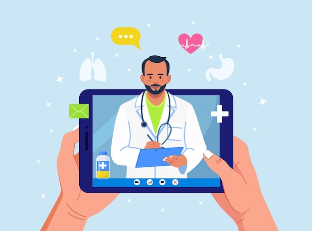 Consultazione online con il medico. medicina virtuale. schermo del tablet pc con medico in chat in messenger. utilizzo del computer per videochiamare il terapeuta