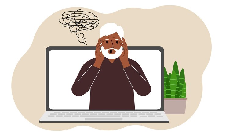 Vector online consultation with a psychologist laptop with a grandfather with confused thoughts psychotherapeutic practice psychiatric consultation