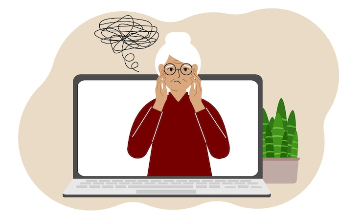 Vector online consultation with a psychologist laptop with a grandmother with confused thoughts psychotherapeutic practice psychiatric consultation