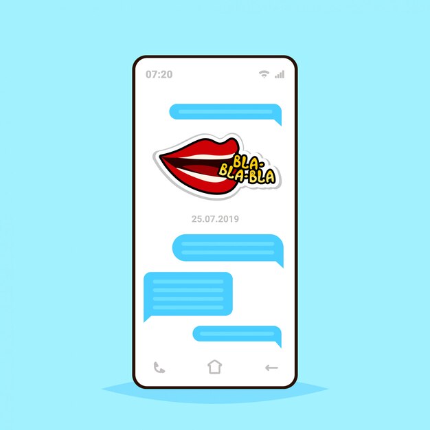 온라인 대화 모바일 채팅 앱 Bla Bla Bla 스티커 메신저 응용 프로그램 통신 소셜 미디어 개념 스마트 폰 화면으로 메시지 수신