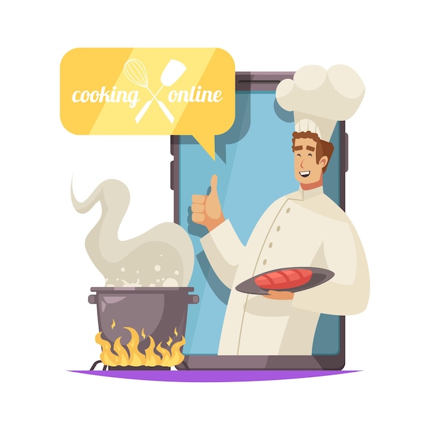 Concetto di scuola di cucina online con lo chef sorridente che tiene piatto illustrazione vettoriale