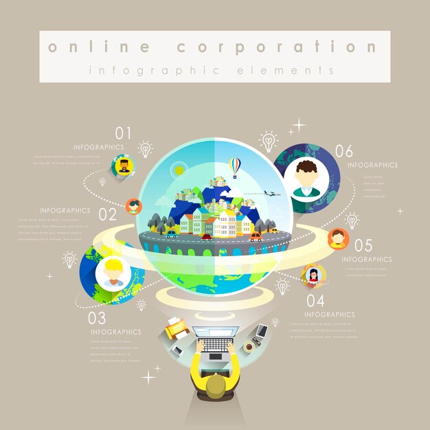 Online corporation flat design with avatars show through internet