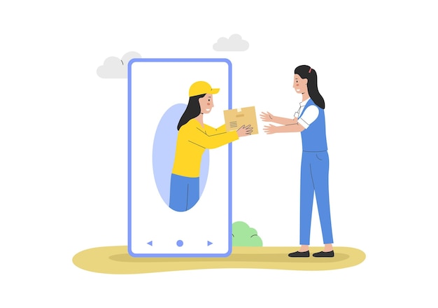 Online courier delivery service concept female character storehouse worker courier in uniform gives cardboard parcel to customer from mobile phone cartoon linear outline flat vector illustration