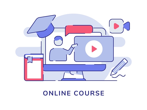 Concetto di corso online con uomini che parlano in video tutorial con stile contorno piatto