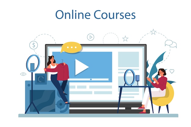 Vector online courses. digital training and distance learning. study in internet using computer. video webinar. isolated illustration in cartoon style