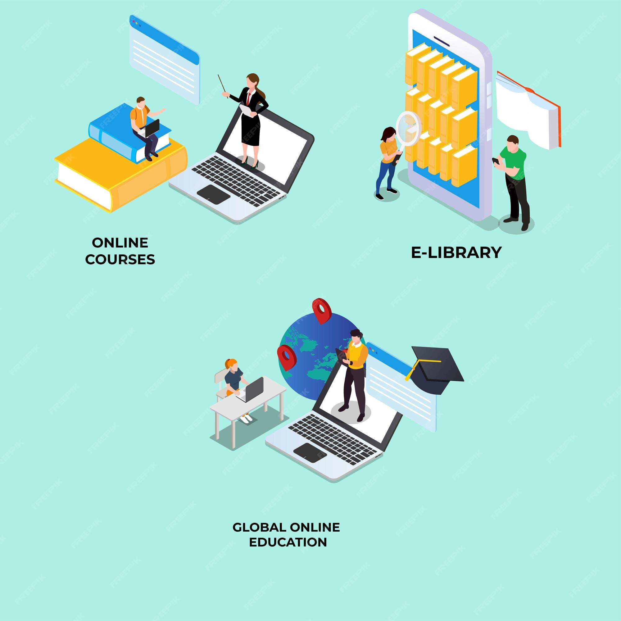 Premium Vector | Online courses elibrary global online education