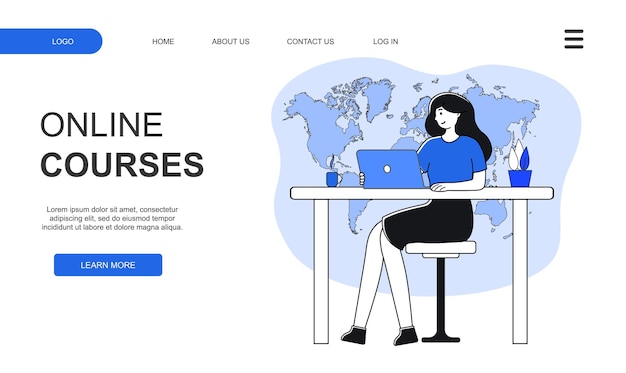 Online courses landing page women with lap top learning