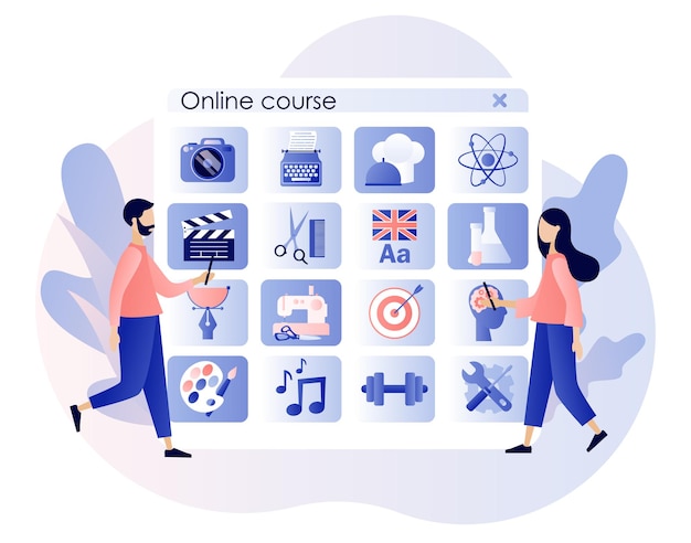 Online courseselearning concept distance education tiny people learn watch webinars online