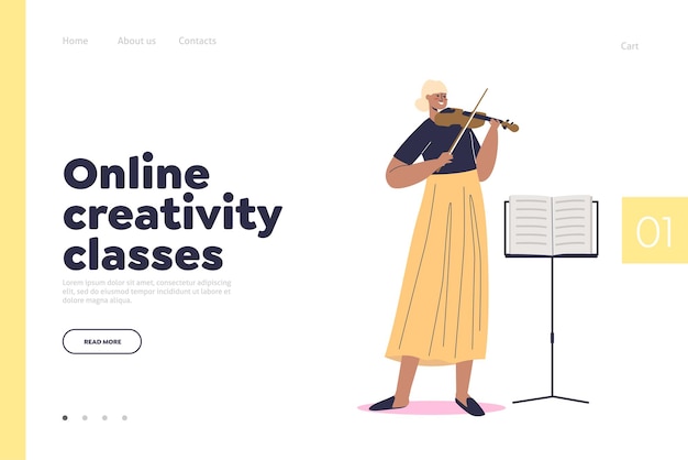 Vettore le lezioni di creatività online concetto di pagina di destinazione con la giovane donna imparano a suonare il violino
