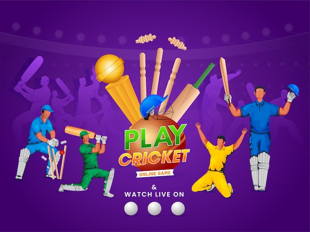 Vector online cricket game poster design with cricketer players in action pose