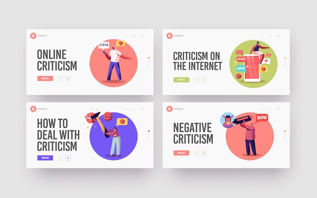 Online criticism, social network harassment landing page template set. characters bully in smartphone harassing and intimidating victim, cyberbullying, flooding. cartoon people vector illustration