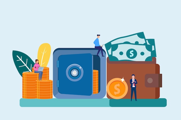 online crypto wallets concept with character flat vector business people sitting near big bitcoin