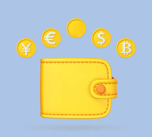 Онлайн-обмен валюты и банковская концепция Доллар Евро Фунт иена и валютные символы Vitcoin с денежным кошельком Бизнес-финансы или концепция обмена валюты Векторная 3d иллюстрация