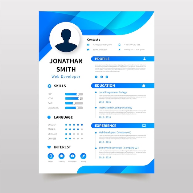 Online curriculum vitae template with blue elements