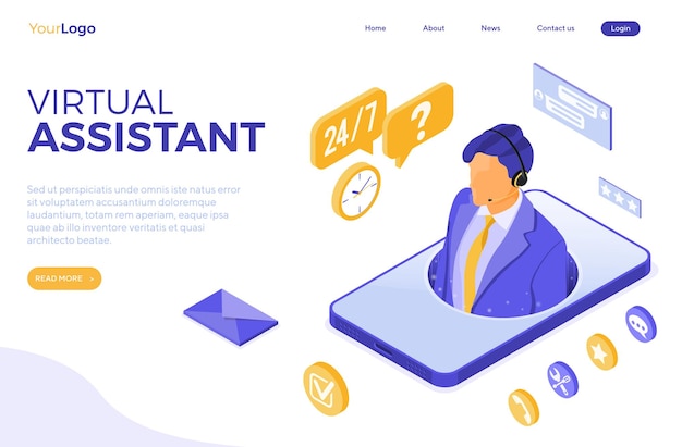 Online customer support concept with isometric virtual assistant