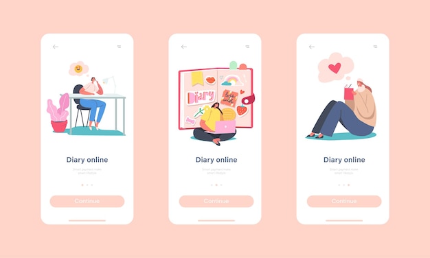 Online dagboek mobiele app-pagina onboard-schermsjabloon. kleine vrouwelijke personages in enorme dagboeken die notities schrijven, deals plannen
