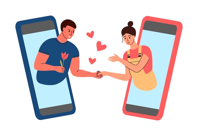 Online data romantic couple Concept of virtual relationship