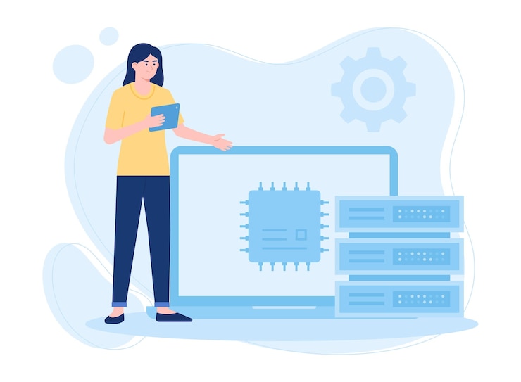 Vector online database big data storage information base computer application concept flat illustration