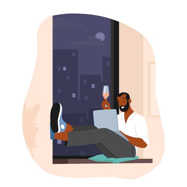 Vector online date concept male character sitting on windowsill with wineglass in hand chatting via laptop in internet