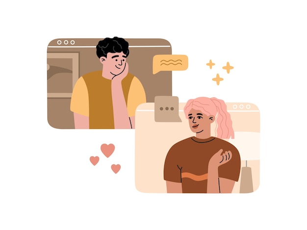 Online date between male and female concept, a virtual meeting service application. girl smiling at a guy, looking for a love and relationship. vector illustration in pastel colors, flat cartoon style