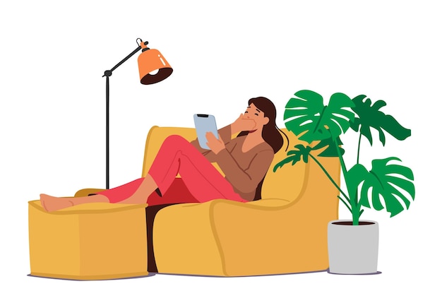 Online date modern relations female character sitting on sofa with tablet pc laughing sending messages via internet