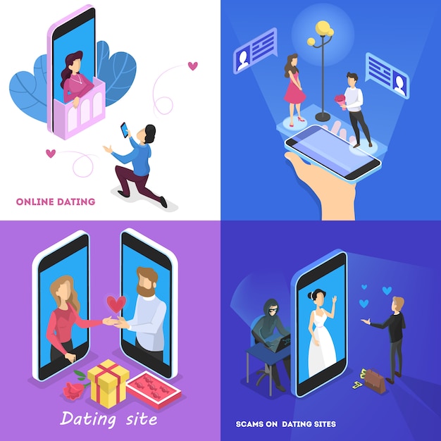 Vector online dating app concept. virtual relationship and love. communication between people through network on the smartphone. perfect match.   illustration