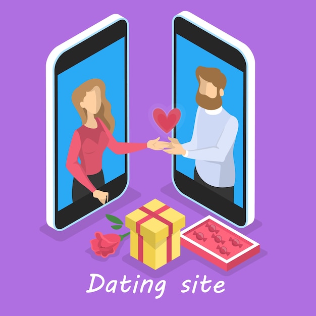 Online dating app-concept. Virtuele relatie en liefde. Koppel communicatie via netwerk op de smartphone. Perfecte match. illustratie