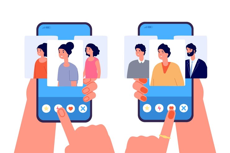 Vector online dating app. love sites, phone relationship social application. mobile romance chat, people choose person for meeting vector concept. dating app, application relationship illustration