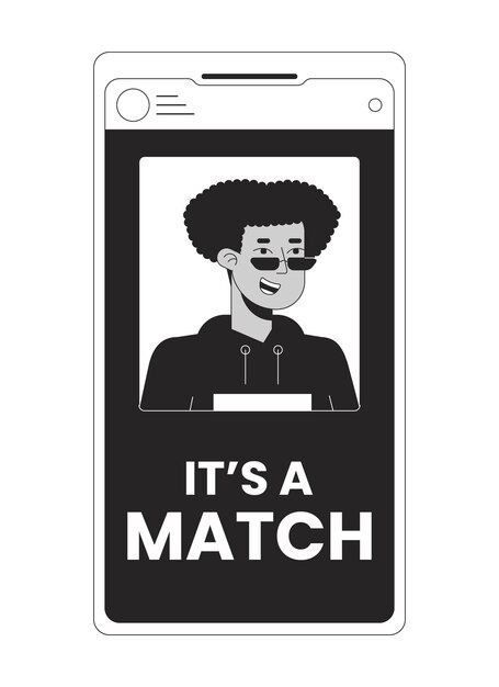 Online dating app op smartphone bw concept vector plek illustratie Glimlachende man op telefoonscherm 2D cartoon platte lijn monochromatisch object voor web UI ontwerp Bewerkbare geïsoleerde schets held afbeelding