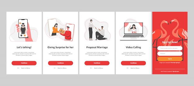 Vector online dating app, proposal marriage, giving a gift, and video calling. flat  illustration.