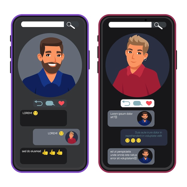 Vettore app di incontri online su due telefoni uomini felici che chattano nel social network trovare la conversazione del concetto di anima gemella con messaggi di testo emoji via internet