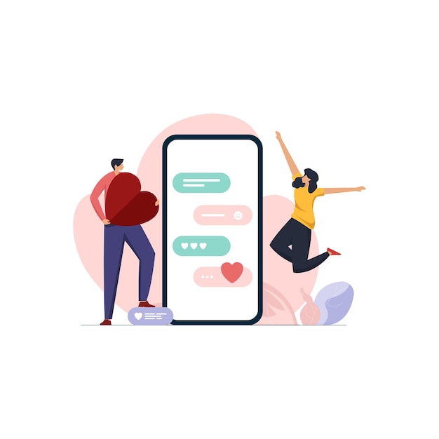 Vettore app di appuntamenti online giovane ragazzo che condivide il cuore in chat relazione di coppia e concetto di san valentino
