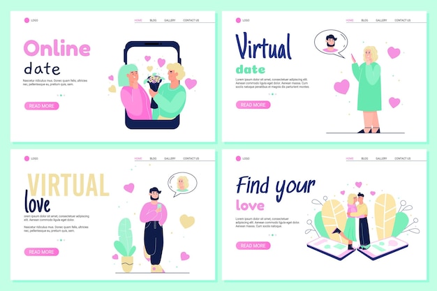 Online dating banner set  social media website for virtual love and relationship