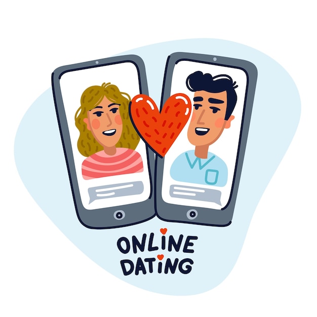 Vector online dating concept - happy couple on phone screens.