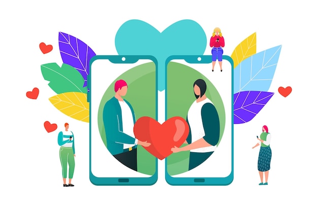 Online dating concept sociaal netwerk voor liefde vectorillustratie Man en vrouw in app-pictogrammen op mobiele telefoonschermen met hart