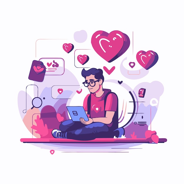 온라인 데이트 개념 평평한 스타일의 터 일러스트레이션 바닥에 앉아 노트북을 가진 젊은 남자