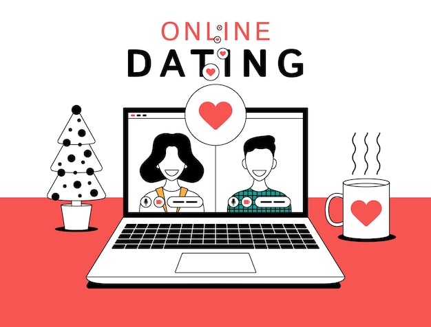온라인 데이트 개념 데이트 웹사이트에서 파트너를 찾는 젊은 사람들 온라인 화상 채팅을 위해 컴퓨터를 사용하는 행복한 커플 소셜 미디어 사랑 로맨스 개념에 대한 벡터 일러스트레이션