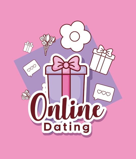 Vector online dating design with gift box and related icons around