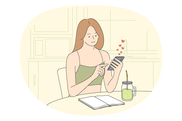 Online dating en romantiek concept jonge positieve vrouw zittend aan tafel met smartphone in handen chatten en daten online vectorillustratie