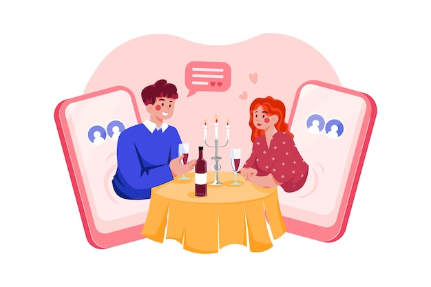 オンライン デート イラスト コンセプト フラット イラスト白背景に分離