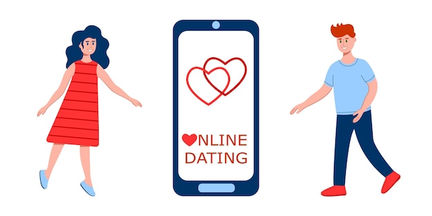 Vettore incontri online relazione a distanza concetto di amore virtuale incontro di coppia vicino a smartphone